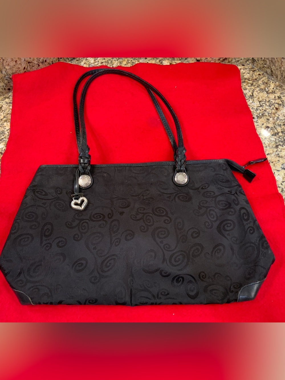 GENUINE BRIGHTON BLACK JACQUARD LEATHER TRIM HANDBAG - VINTAGE